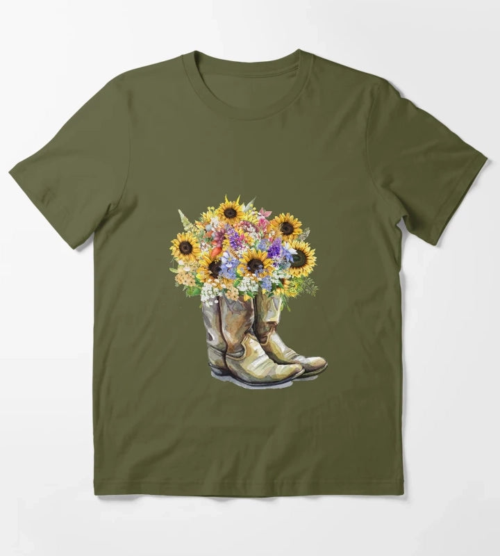 Cowboy Boots Cowgirl Boots Sunflowers T-Shirt Olive Green