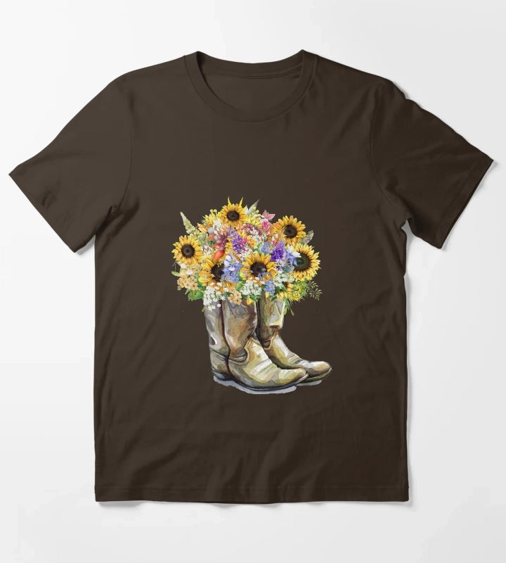 Cowboy Boots Cowgirl Boots Sunflowers T-Shirt Brown
