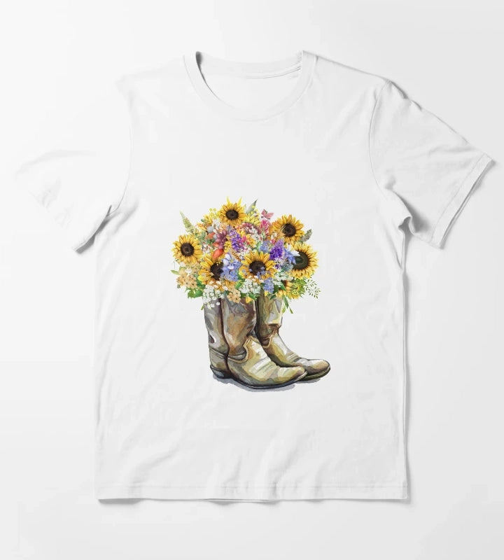Cowboy Boots Cowgirl Boots Sunflowers T-Shirt White