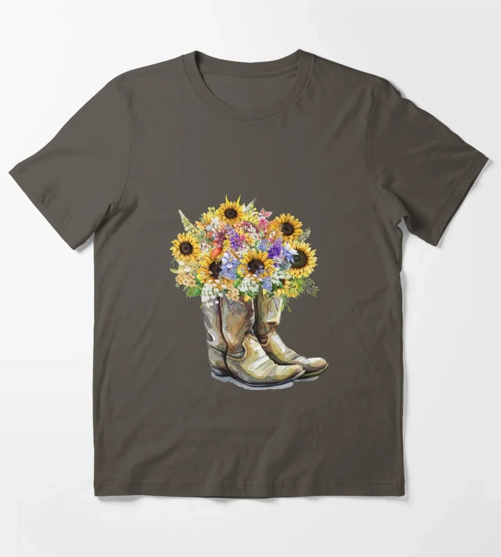 Cowboy Boots Cowgirl Boots Sunflowers T-Shirt Dark Grey