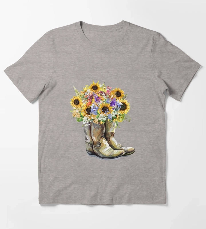 Cowboy Boots Cowgirl Boots Sunflowers T-Shirt Heather Grey