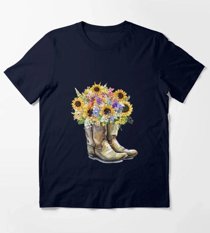 Cowboy Boots Cowgirl Boots Sunflowers T-Shirt Navy