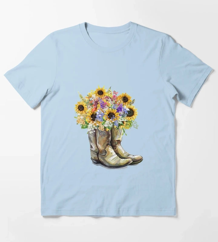 Cowboy Boots Cowgirl Boots Sunflowers T-Shirt Sky Blue