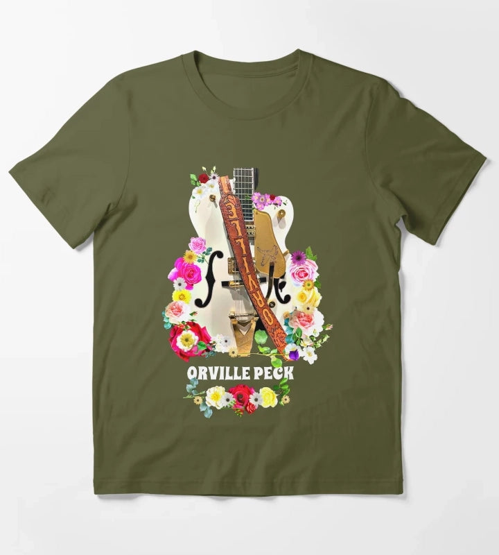 Cowboy Rose and Daisy Guitar T-Shirt Olive Green
