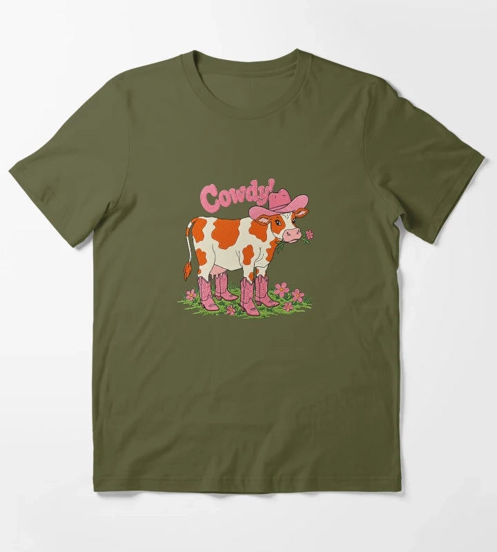 Cowdy Funny Cowgirl Cow Pun T-Shirt Olive Green