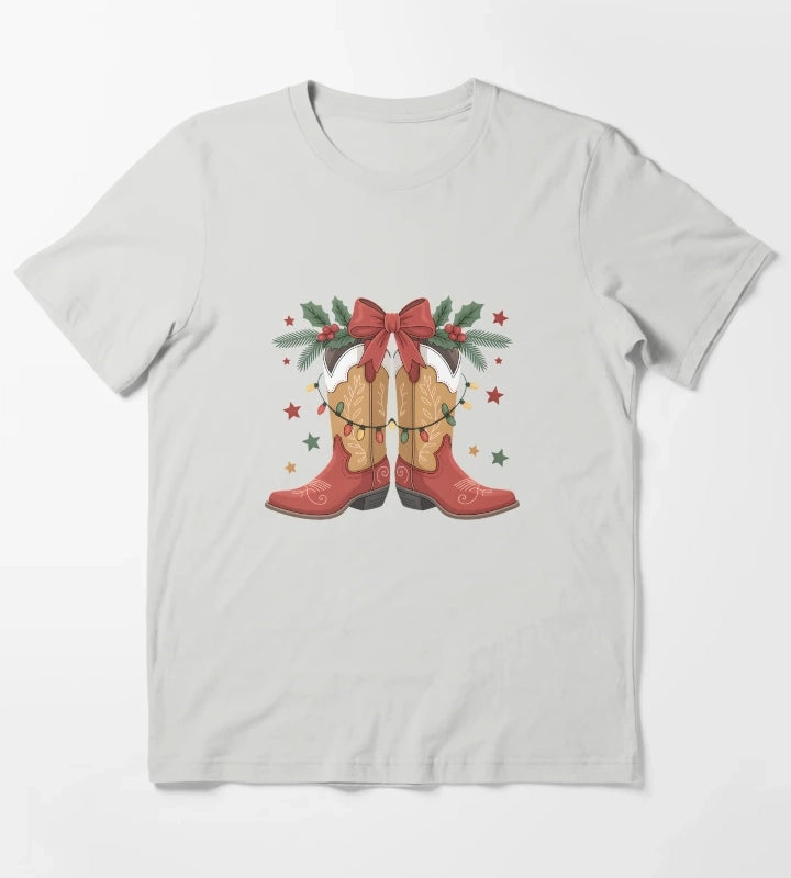 Cowgirl Boot Western Christmas Lights Country Women Girls T-Shirt Light Grey