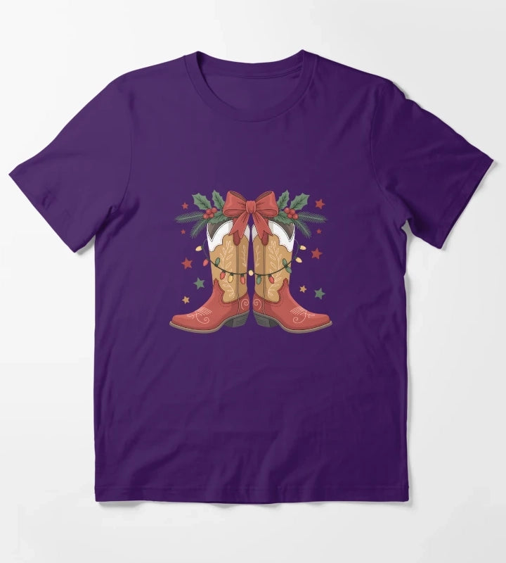 Cowgirl Boot Western Christmas Lights Country Women Girls T-Shirt Purple