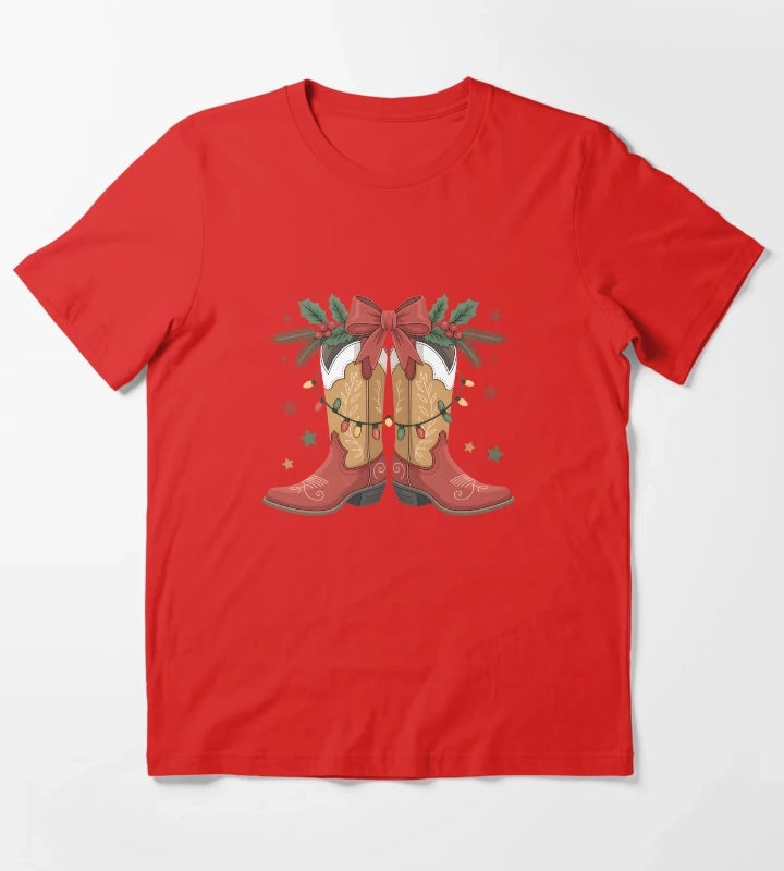 Cowgirl Boot Western Christmas Lights Country Women Girls T-Shirt Red