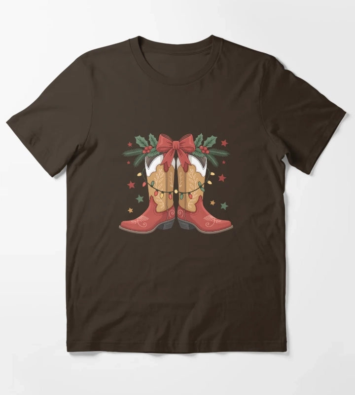 Cowgirl Boot Western Christmas Lights Country Women Girls T-Shirt Brown