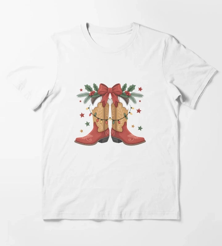 Cowgirl Boot Western Christmas Lights Country Women Girls T-Shirt White