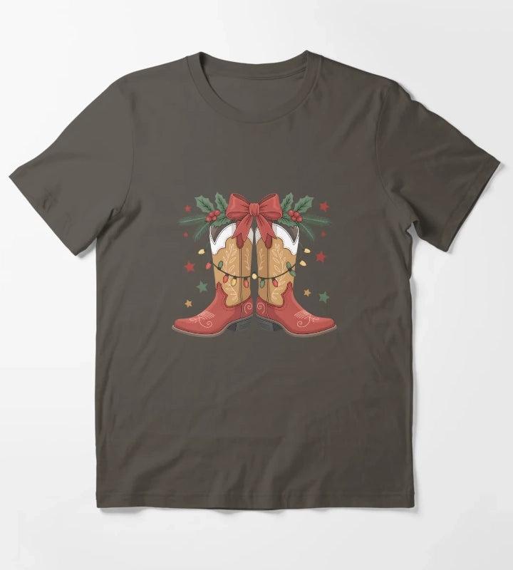Cowgirl Boot Western Christmas Lights Country Women Girls T-Shirt Dark Grey