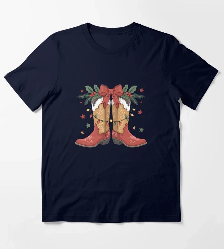 Cowgirl Boot Western Christmas Lights Country Women Girls T-Shirt Navy