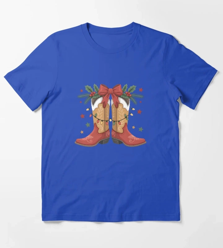 Cowgirl Boot Western Christmas Lights Country Women Girls T-Shirt Blue