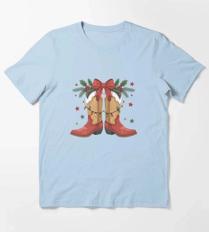Cowgirl Boot Western Christmas Lights Country Women Girls T-Shirt Sky Blue