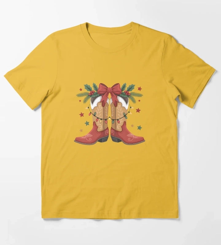 Cowgirl Boot Western Christmas Lights Country Women Girls T-Shirt Yellow