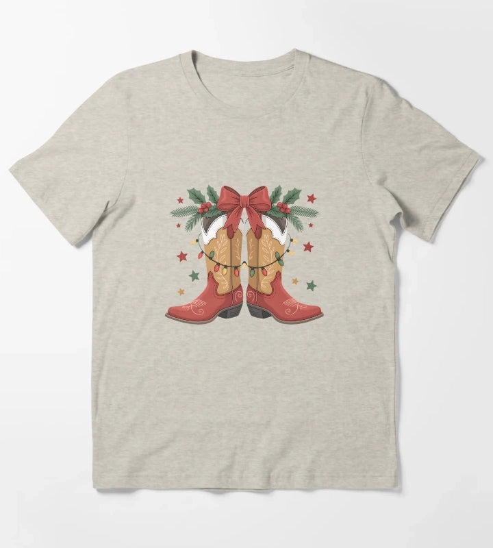 Cowgirl Boot Western Christmas Lights Country Women Girls T-Shirt Cream