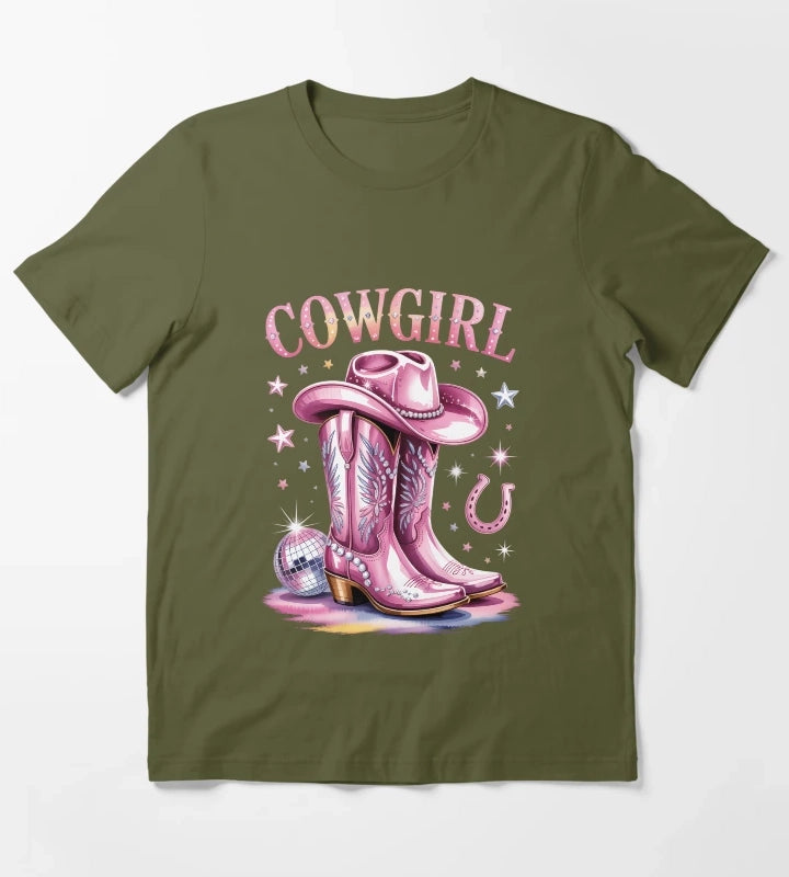 Cowgirl Boots Disco Western Country T-Shirt Olive Green