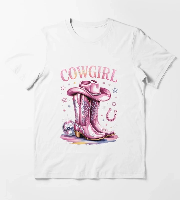 Cowgirl Boots Disco Western Country T-Shirt White