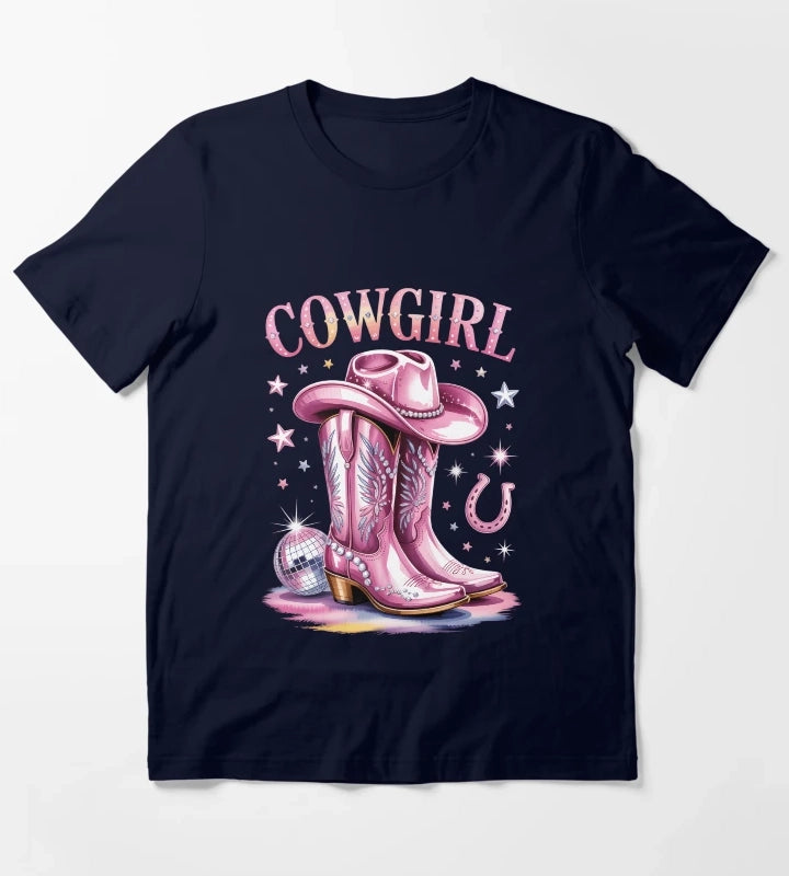 Cowgirl Boots Disco Western Country T-Shirt Navy