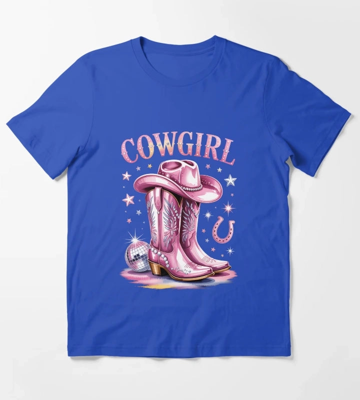 Cowgirl Boots Disco Western Country T-Shirt Blue