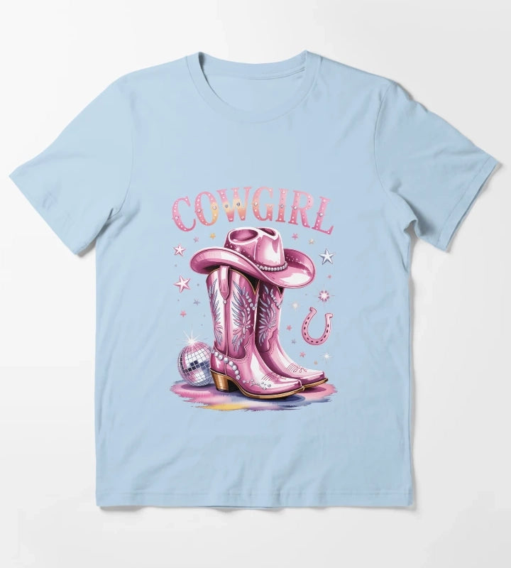 Cowgirl Boots Disco Western Country T-Shirt Sky Blue