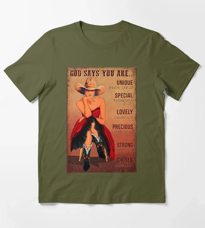 Cowgirl God Says You Are Unique Psalm 13913 T-Shirt Olive Green