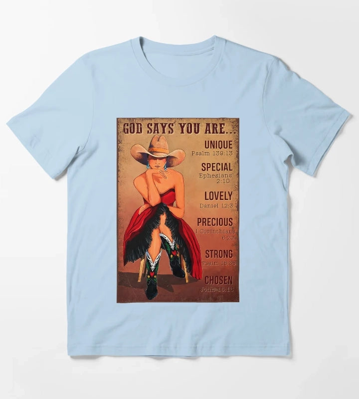 Cowgirl God Says You Are Unique Psalm 13913 T-Shirt Sky Blue