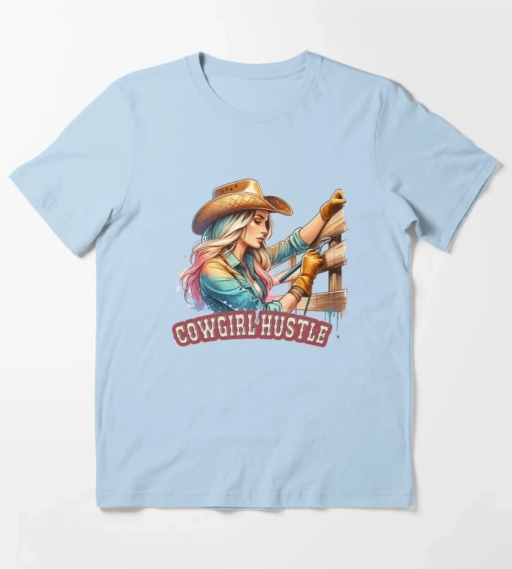 Cowgirl Hustle Spirit Apparel Mugs Stickers More T-Shirt Sky Blue