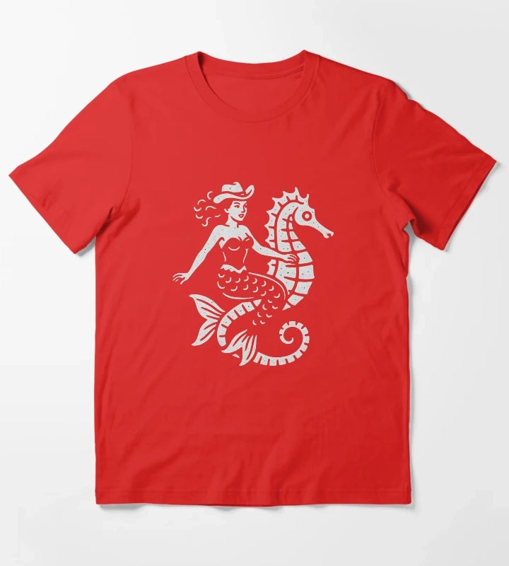 Cowgirl Mermaid Riding Seahorse T-Shirt Red