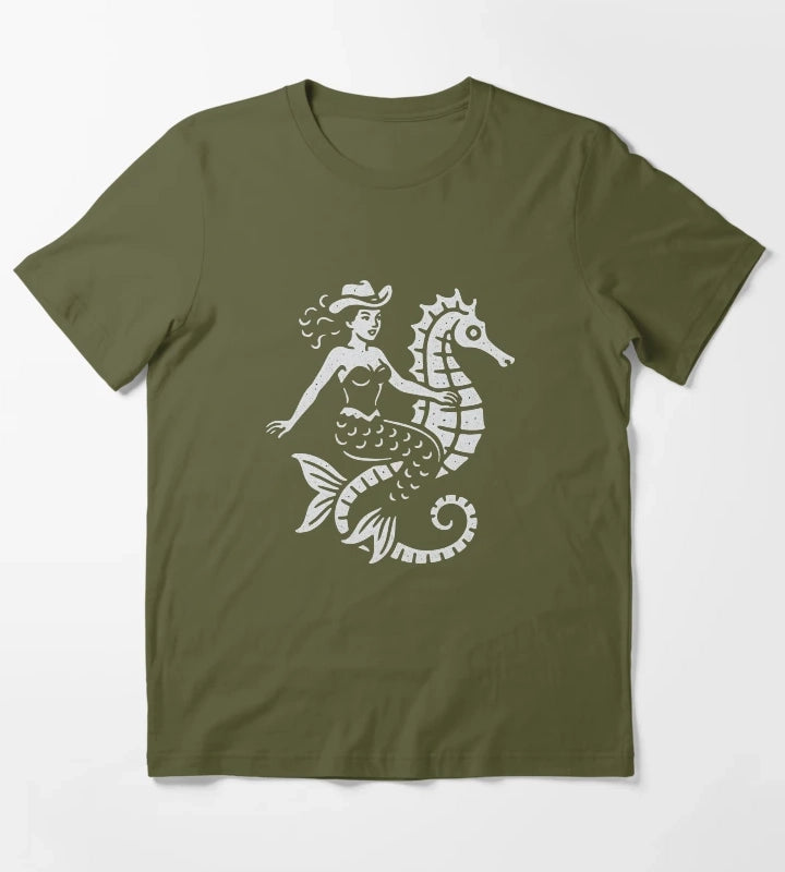 Cowgirl Mermaid Riding Seahorse T-Shirt Olive Green