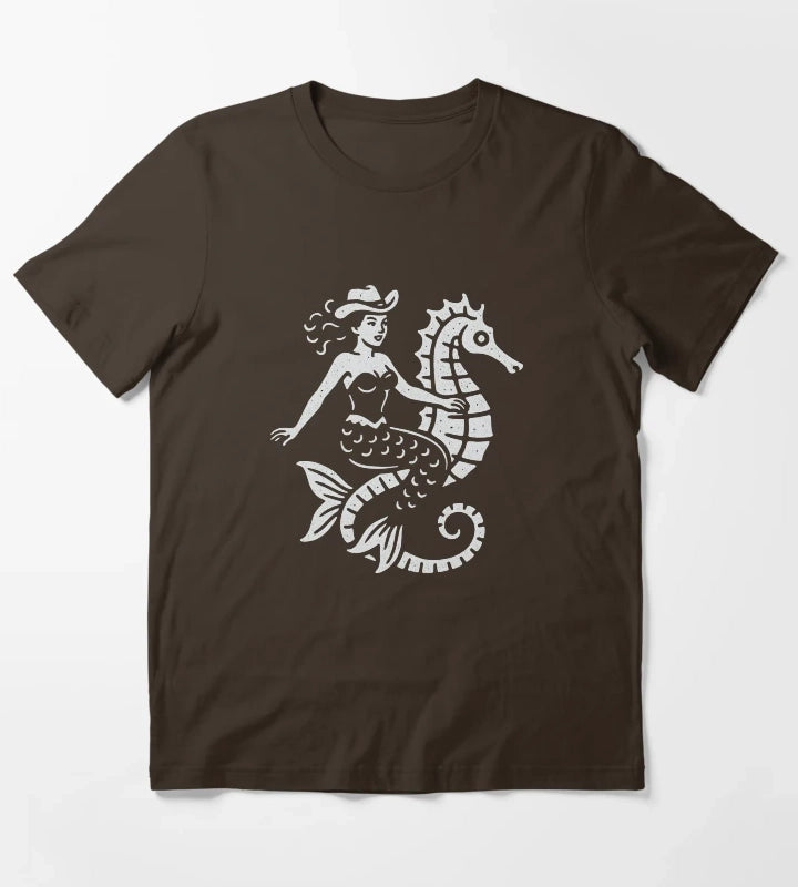 Cowgirl Mermaid Riding Seahorse T-Shirt Brown