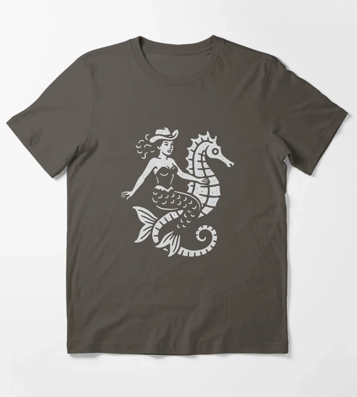 Cowgirl Mermaid Riding Seahorse T-Shirt Dark Grey