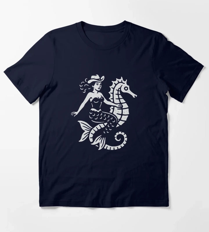 Cowgirl Mermaid Riding Seahorse T-Shirt Navy