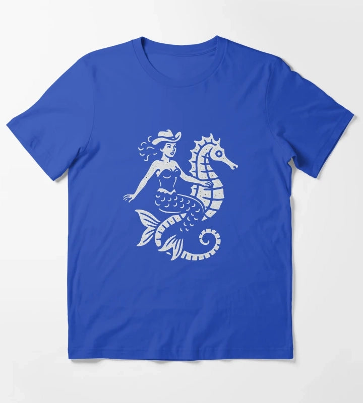 Cowgirl Mermaid Riding Seahorse T-Shirt Blue