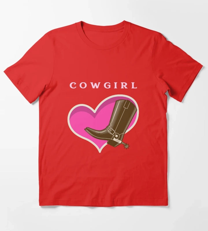 Cowgirl Pink Heart Cowboy Boots T-Shirt Red