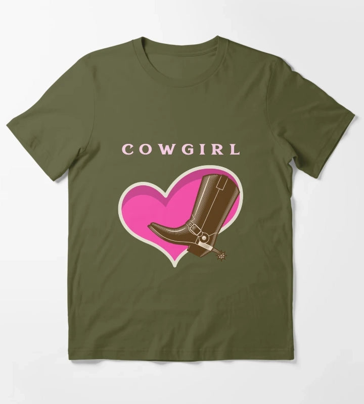 Cowgirl Pink Heart Cowboy Boots T-Shirt Olive Green