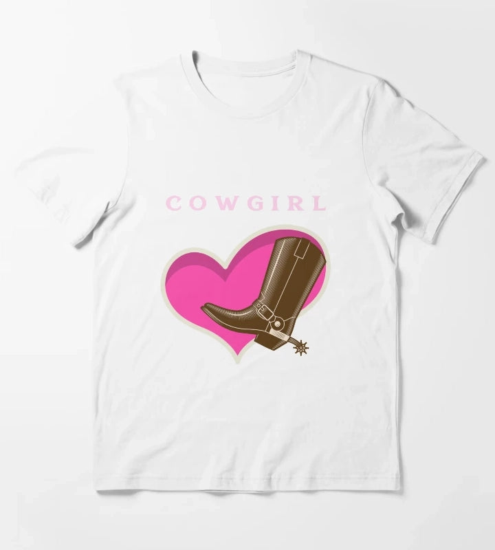 Cowgirl Pink Heart Cowboy Boots T-Shirt White