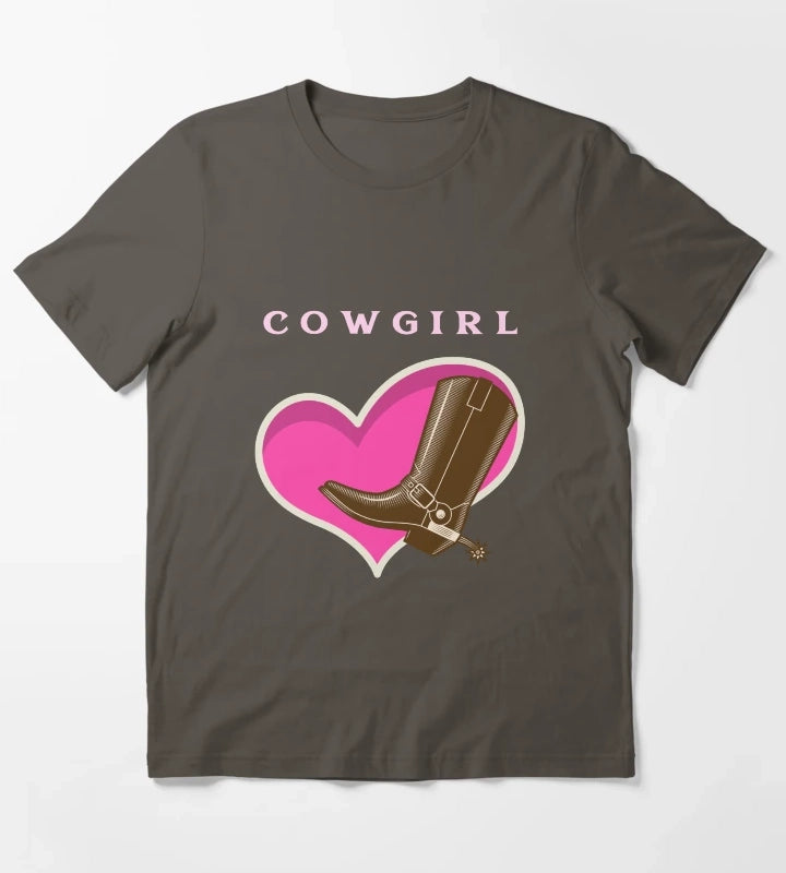Cowgirl Pink Heart Cowboy Boots T-Shirt Dark Grey