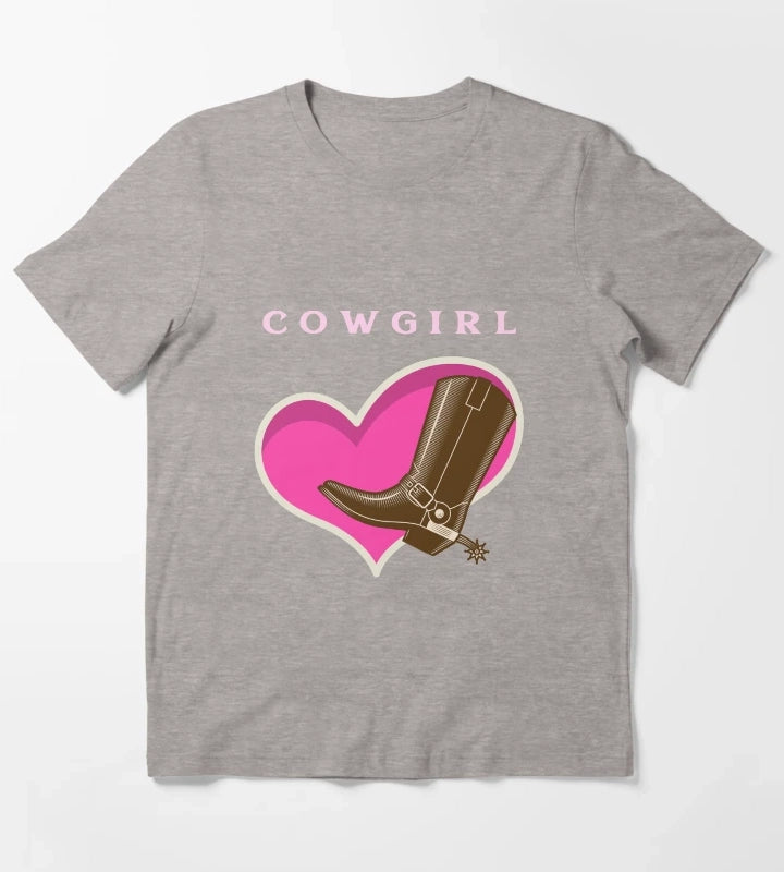 Cowgirl Pink Heart Cowboy Boots T-Shirt Heather Grey