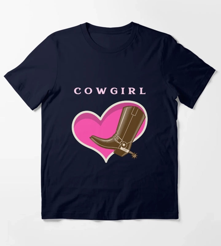 Cowgirl Pink Heart Cowboy Boots T-Shirt Navy