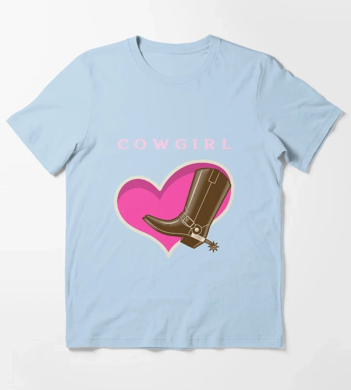 Cowgirl Pink Heart Cowboy Boots T-Shirt Sky Blue