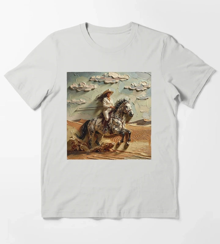 Cowgirl Riding Appaloosa Horse Through Textured Western Desert Landscape With Motion and Freedom T-Shirt Light Grey