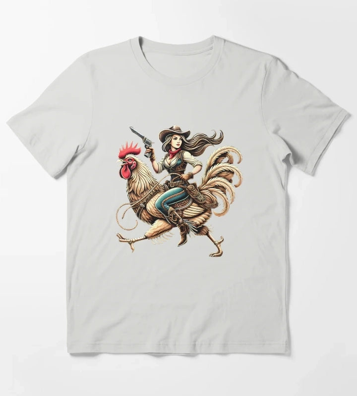 Cowgirl Riding Chicken Rooster Lover Vintage T-Shirt Light Grey