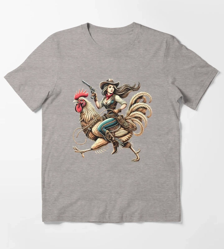 Cowgirl Riding Chicken Rooster Lover Vintage T-Shirt Heather Grey