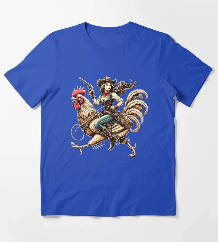 Cowgirl Riding Chicken Rooster Lover Vintage T-Shirt Blue