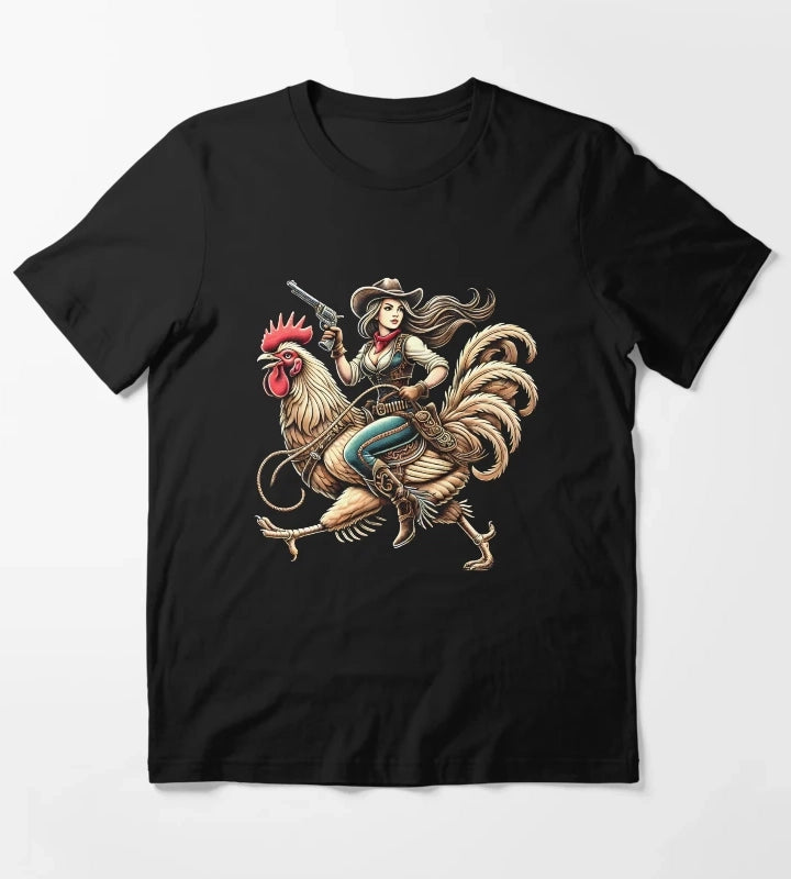 Cowgirl Riding Chicken Rooster Lover Vintage T-Shirt