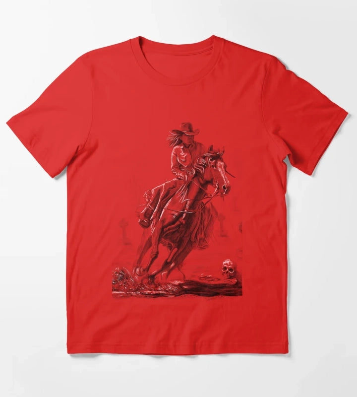 Cowgirl Riding Horse pencil drawing 2 T-Shirt Red