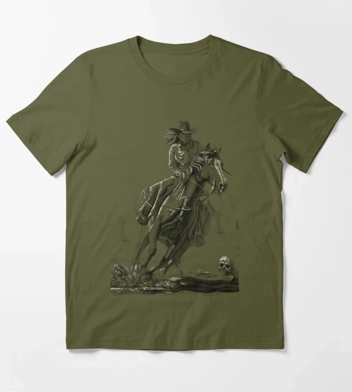 Cowgirl Riding Horse pencil drawing 2 T-Shirt Olive Green