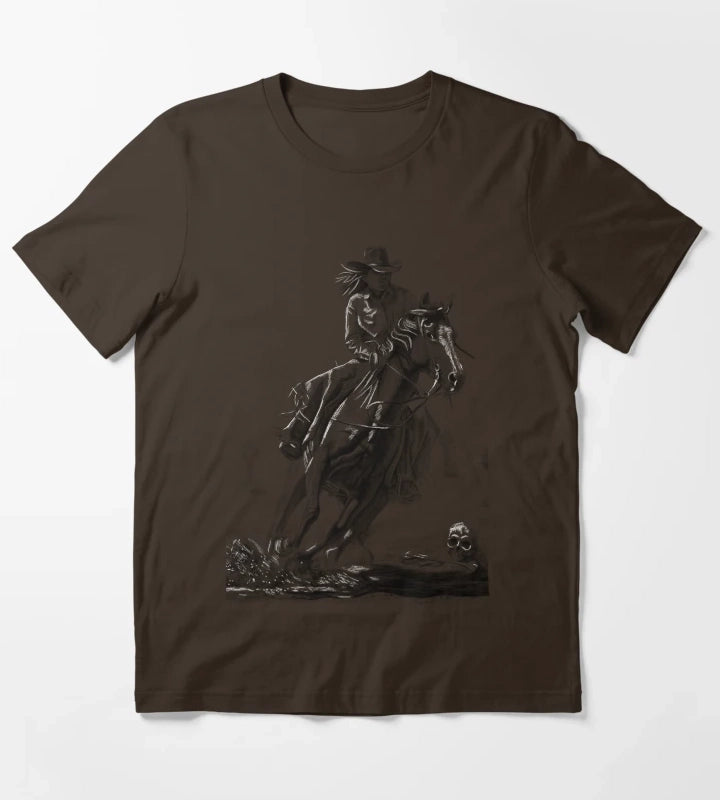 Cowgirl Riding Horse pencil drawing 2 T-Shirt Brown