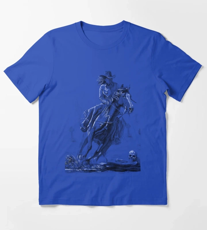 Cowgirl Riding Horse pencil drawing 2 T-Shirt Blue